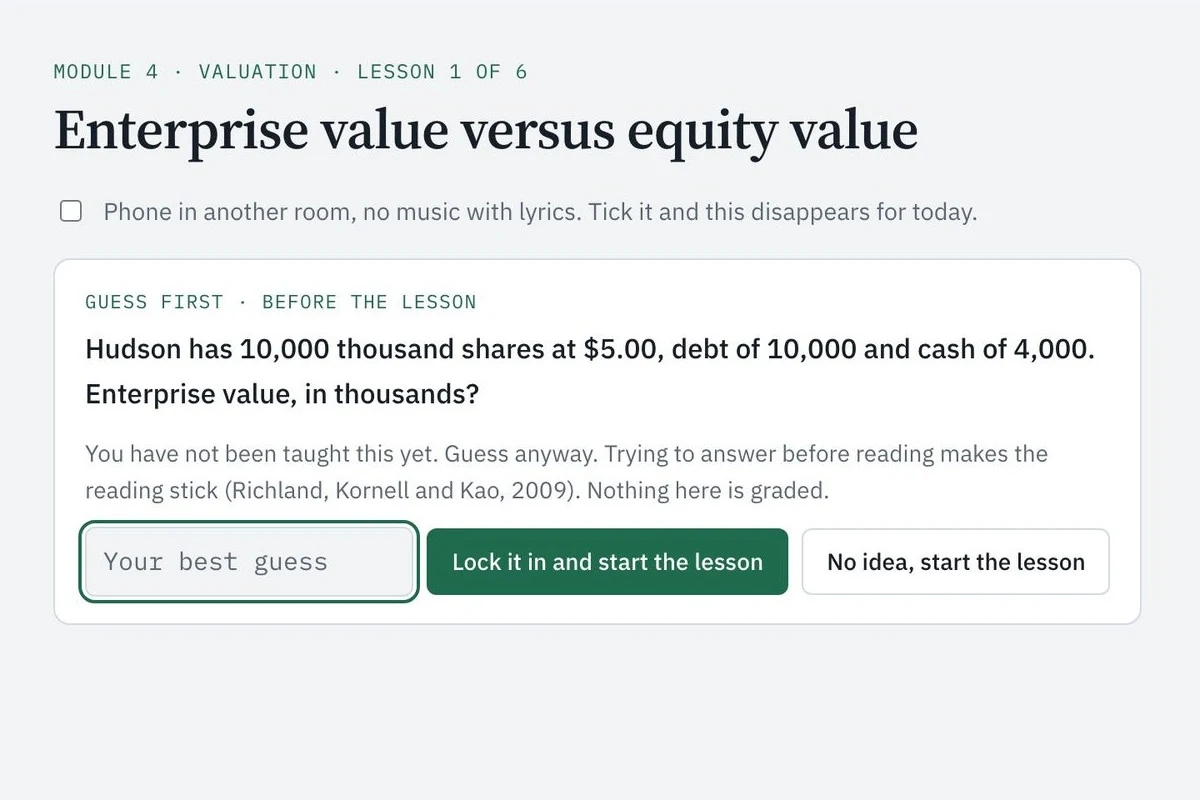 A Talk the Technicals lesson on enterprise value that opens with a question to answer before the lesson starts