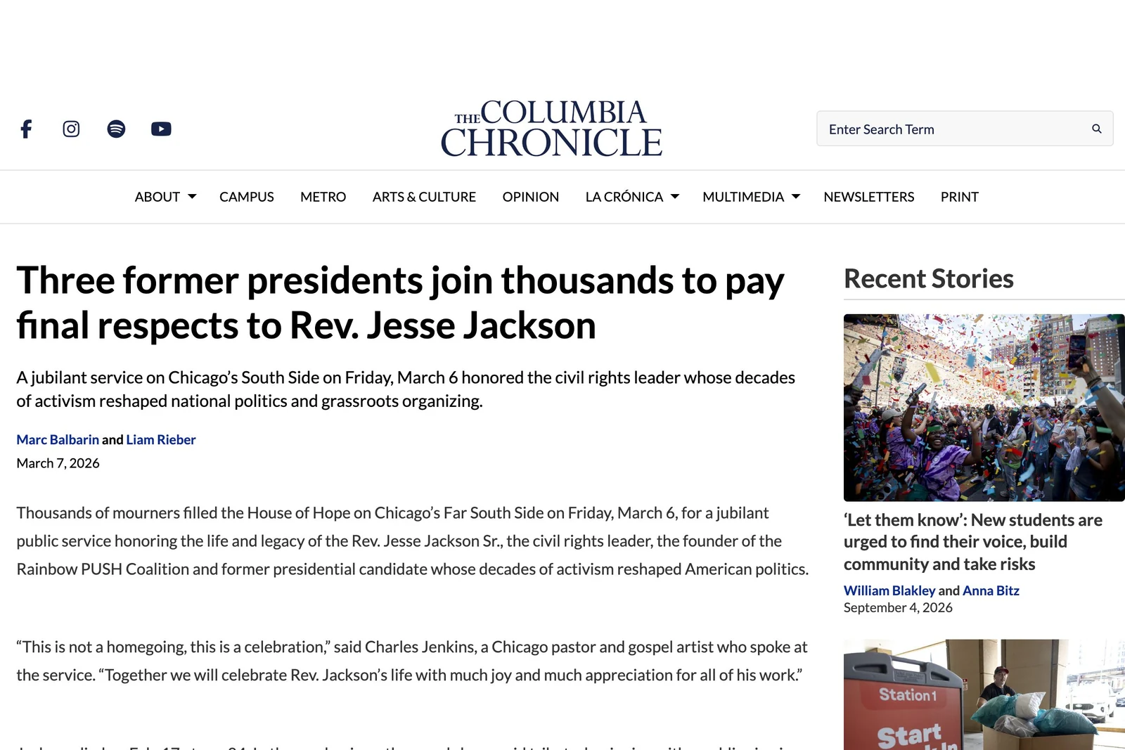A Columbia Chronicle story page with Liam Rieber’s byline